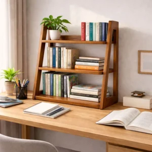 ডেস্কের উপর রাখা কাঠের বুক শেলফ