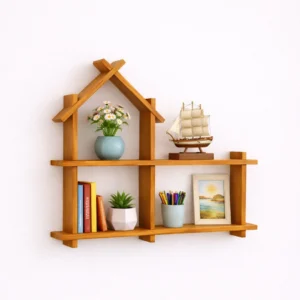 Premium wooden house shape wall shelf rack for home decor and wall decoration