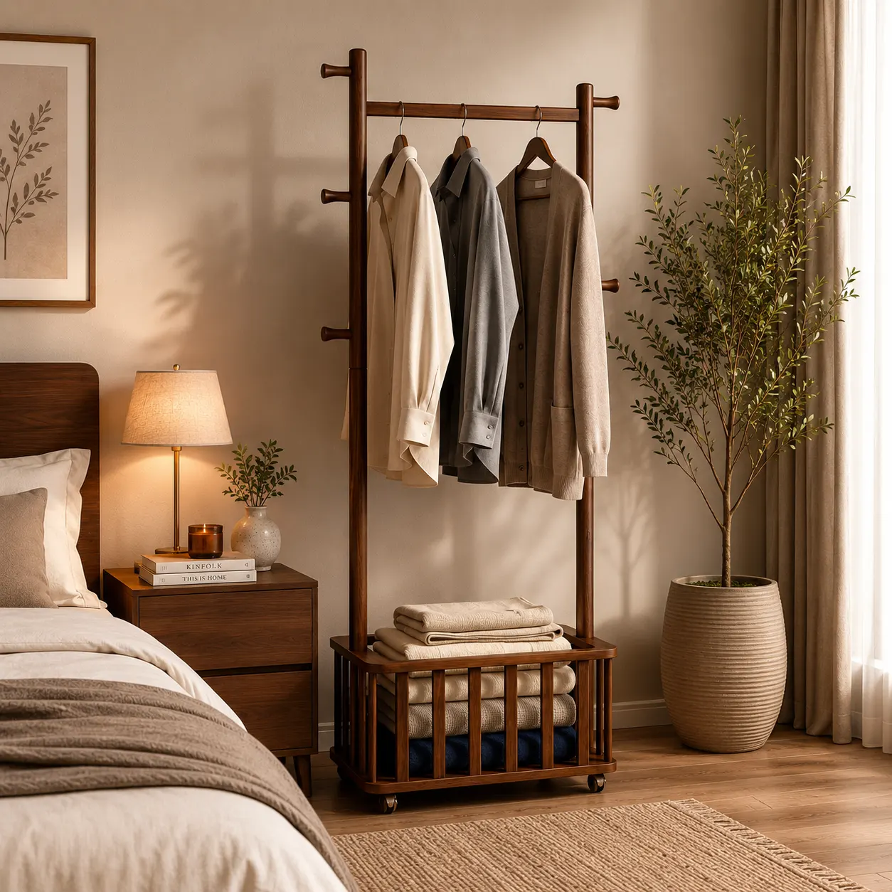 চাকা যুক্ত বাস্কেট আলনা – Wooden Cloth Hanger Rack With Basket