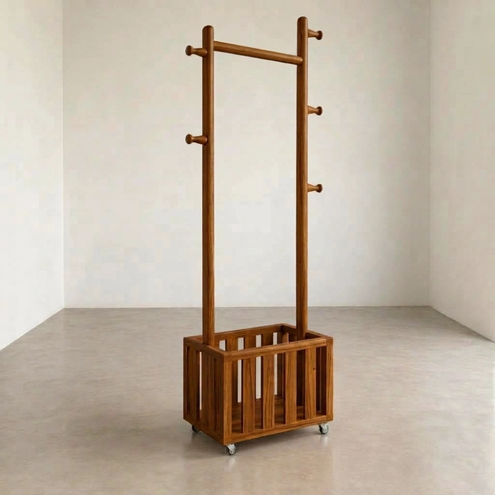 চাকা যুক্ত বাস্কেট আলনা – Wooden Cloth Hanger Rack With Basket - Image 3