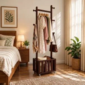 চাকা যুক্ত বাস্কেট আলনা – Wooden Cloth Hanger Rack With Basket